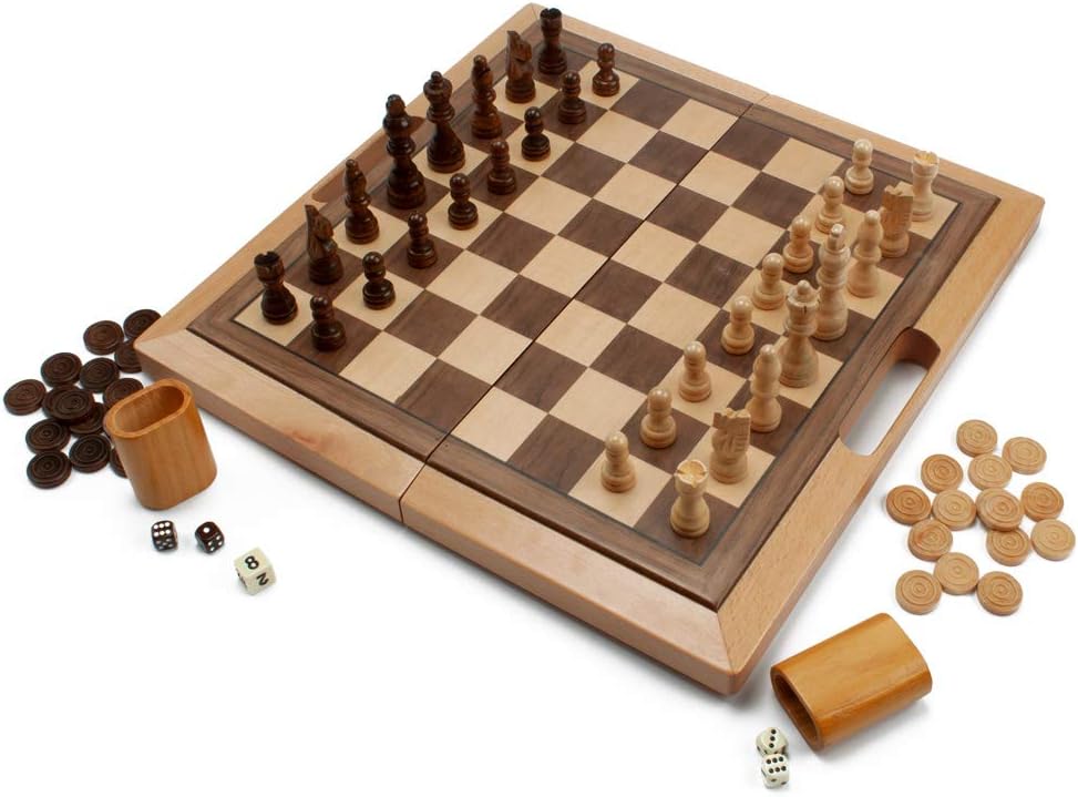3-in-1 Wooden Folding Chess Checker Backgammon Board Game Set V395368