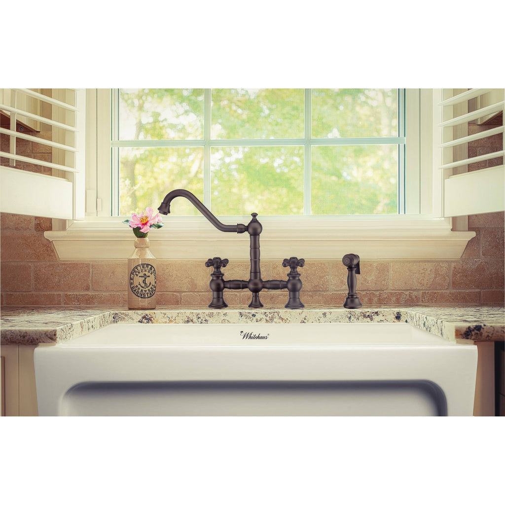 Oil Rubbed Bronze Bridge Faucet with Cross Handles and Side Spray W317