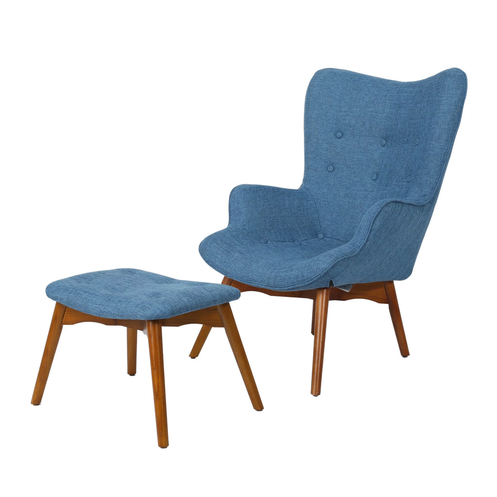 Mid-Century Modern Wingback Fabric Chair and Ottoman Set A48408