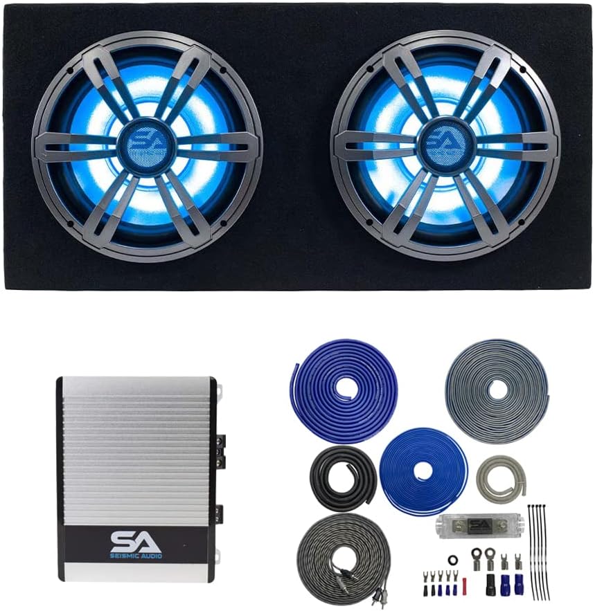 Dual 10 Inch 1000 Watt Car Audio Subwoofer Enclosure with RGB Lights Package with Amplifier & Cables N5699