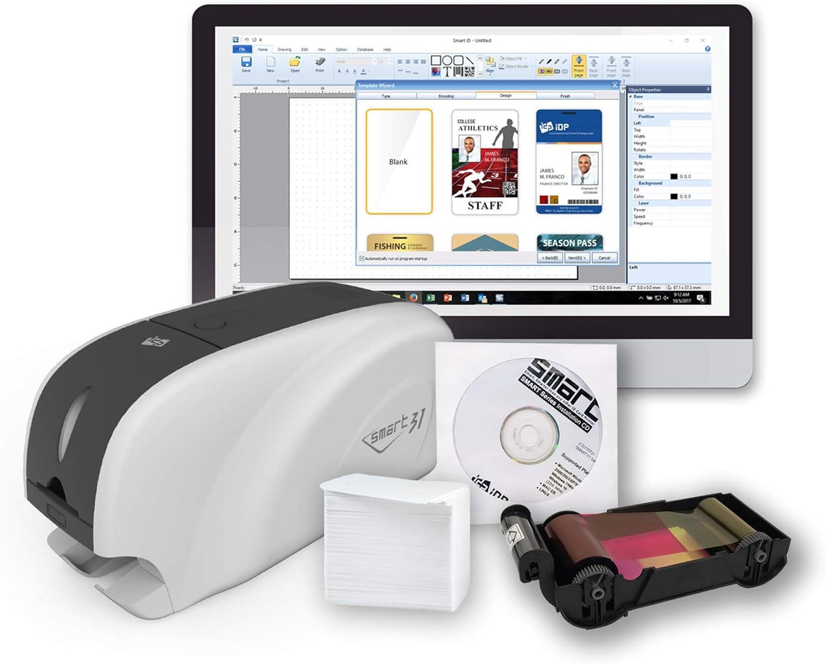 ID Card Printer Bundle with 100-Print YMCKO Color Ribbon, 100 PVC Plastic Cards and USB Camera K9759
