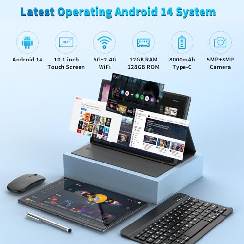 10 inch Android 14 Tablet with Keyboard, 12GB RAM 128GB ROM, Black O36628