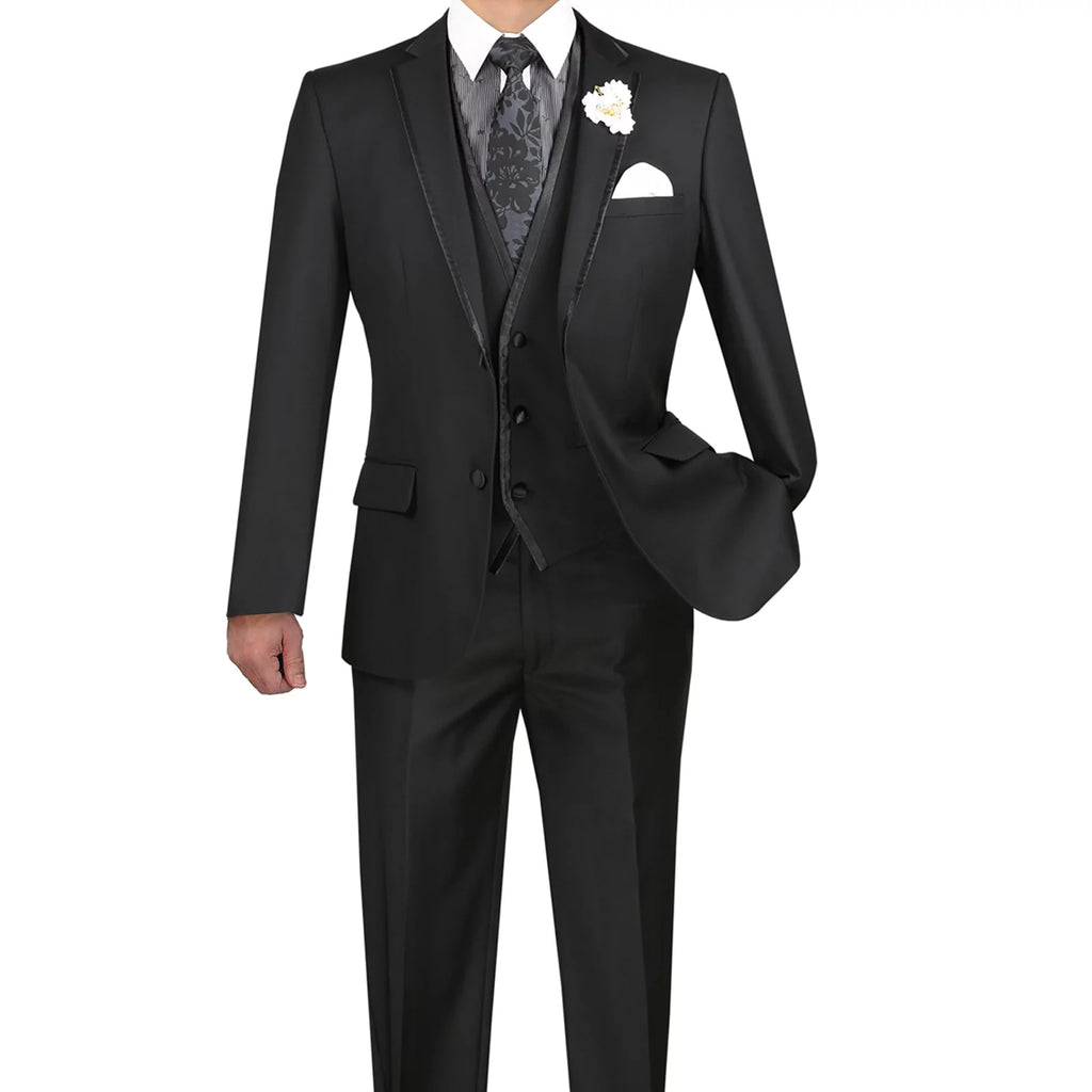 Men's Slim-Fit 3-Piece Textured Solid Lapel Suit - Black 50L W807