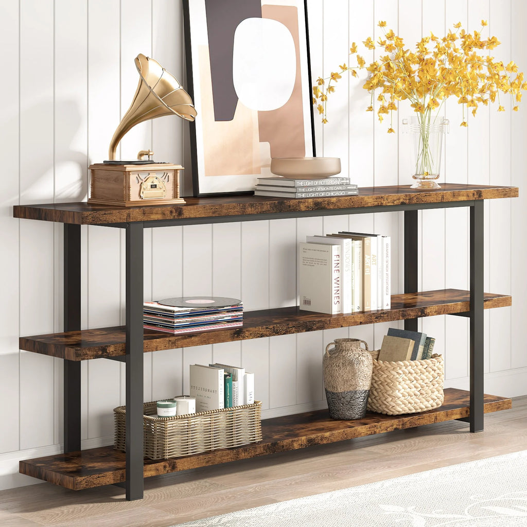 3-Tier Rustic Brown Console Table Shelving Unit Y59046