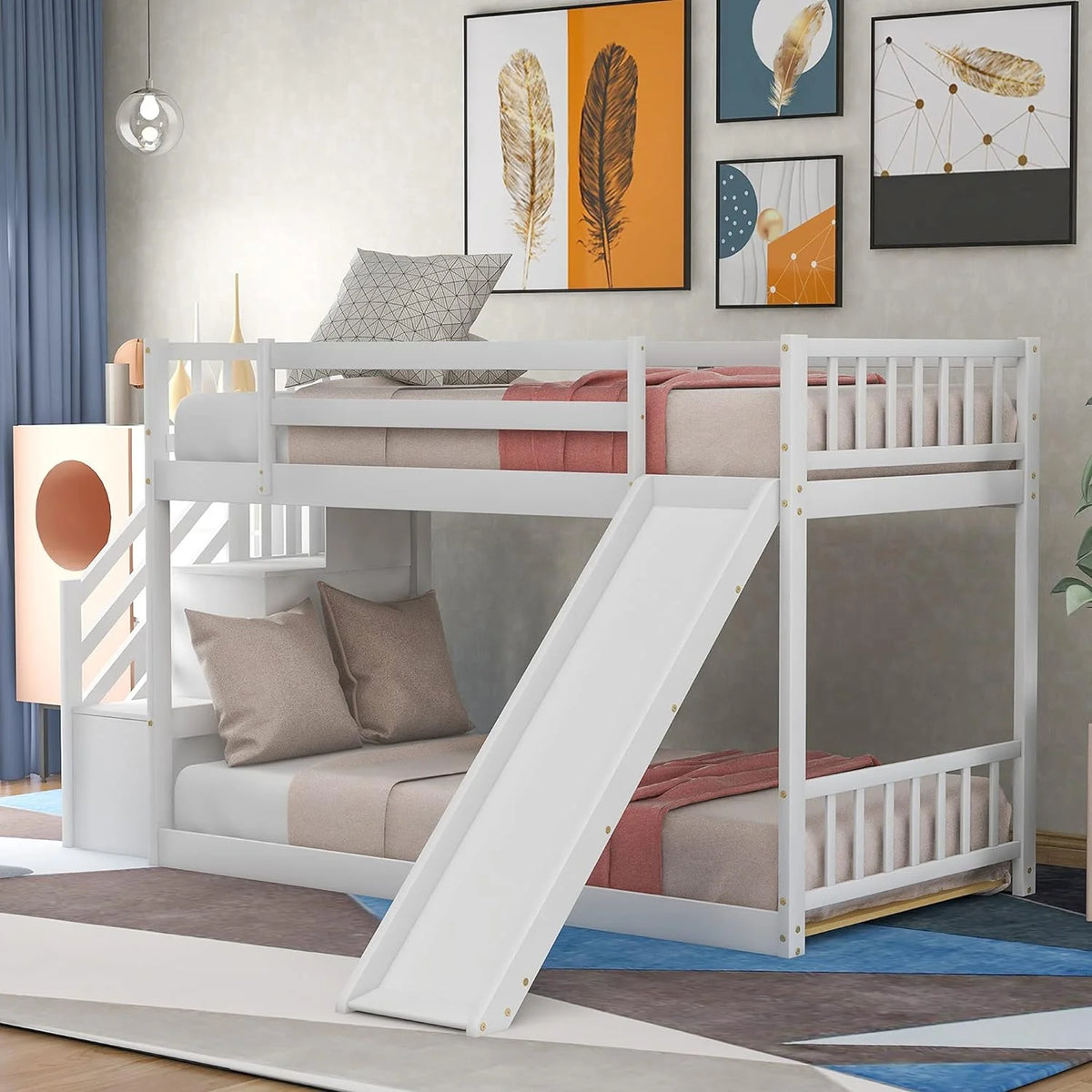 White Bunk Bed with Stairs and Slide T11733