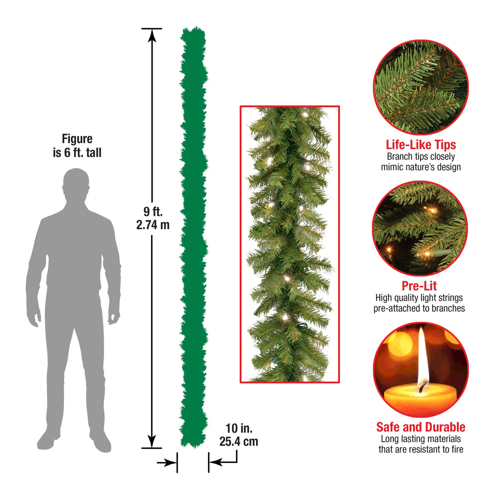 Pre-Lit Artificial Christmas Garland, Green, Norwood Fir, White Lights, 9 Feet H5951