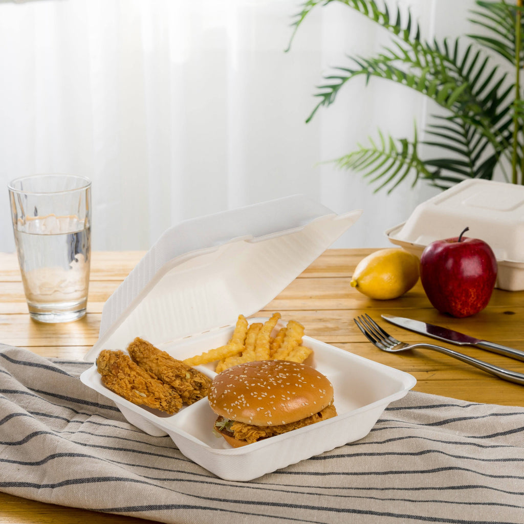 10 inch Natural Compostable Sugarcane Sectional Clamshell Containers, 300 Pack P24228
