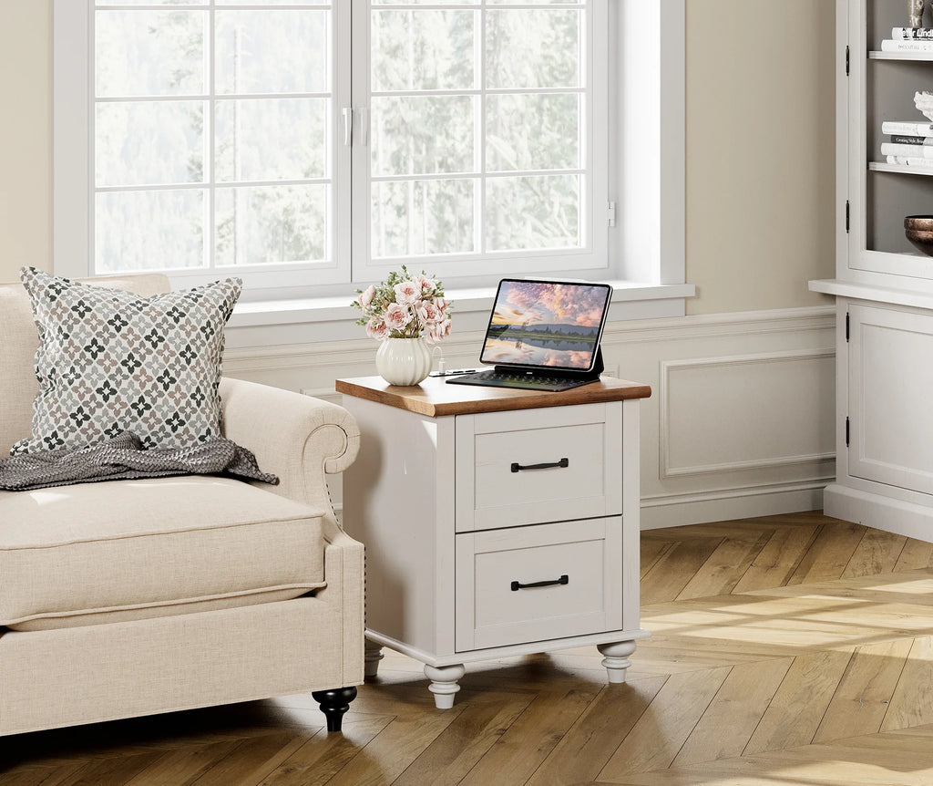 White Oak Set of 2 Wooden Nightstand with 2 Drawers P9393