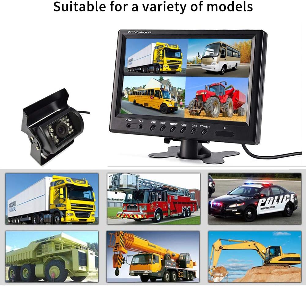 9'' Quad Split Screen HD Rear Backup Camera Monitor System, Waterproof IR Night Vision Backup Camera S3162