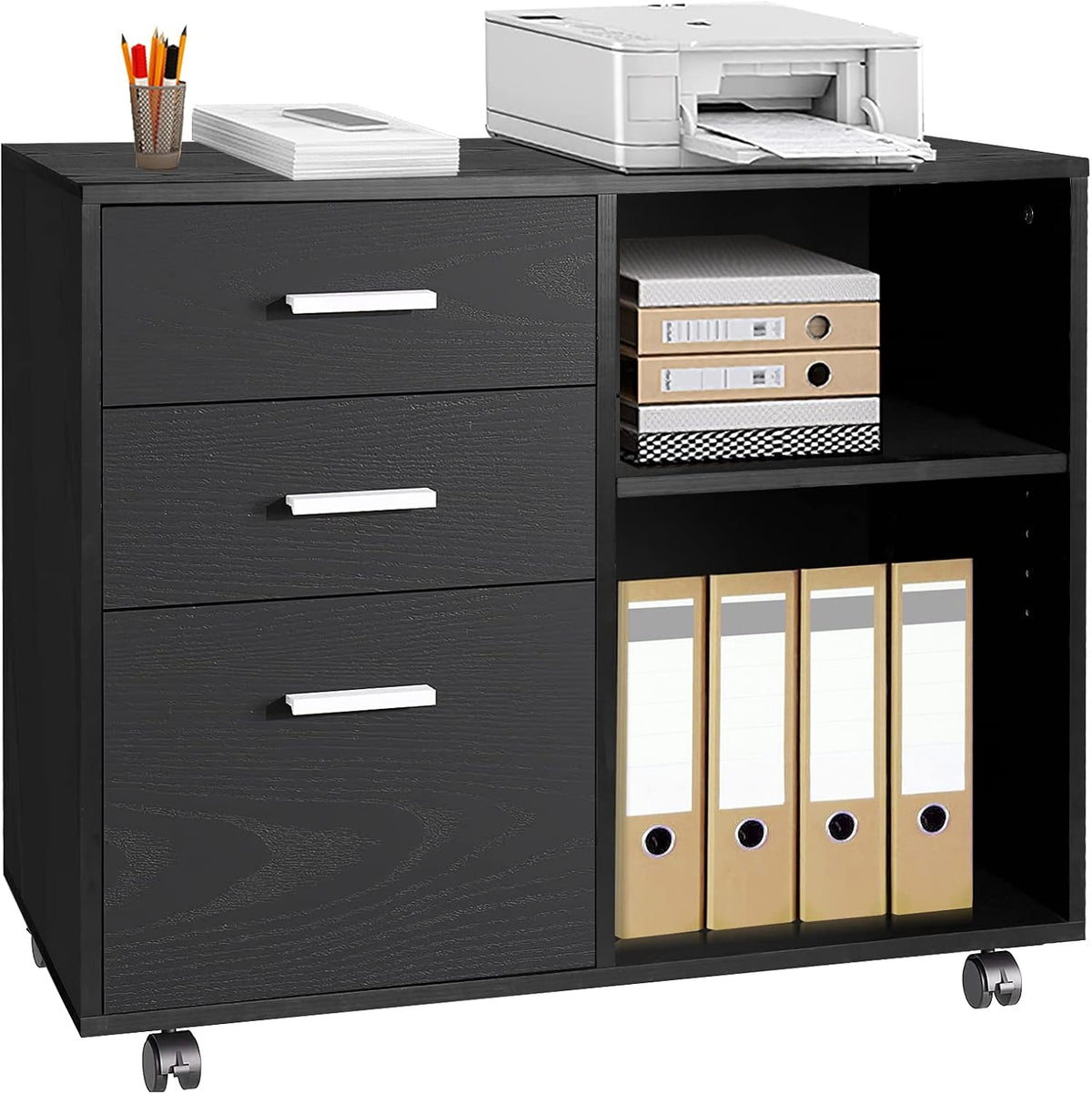 Black 3-Drawer Mobile Wood File Cabinet with Open Storage Shelves R450929