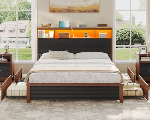 Full Size Wood Bed Frame with 4 Storage Drawers B79234