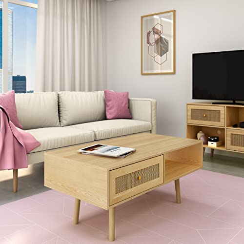Natural Rattan Storage Drawer and Shelf Coffee Table J5682