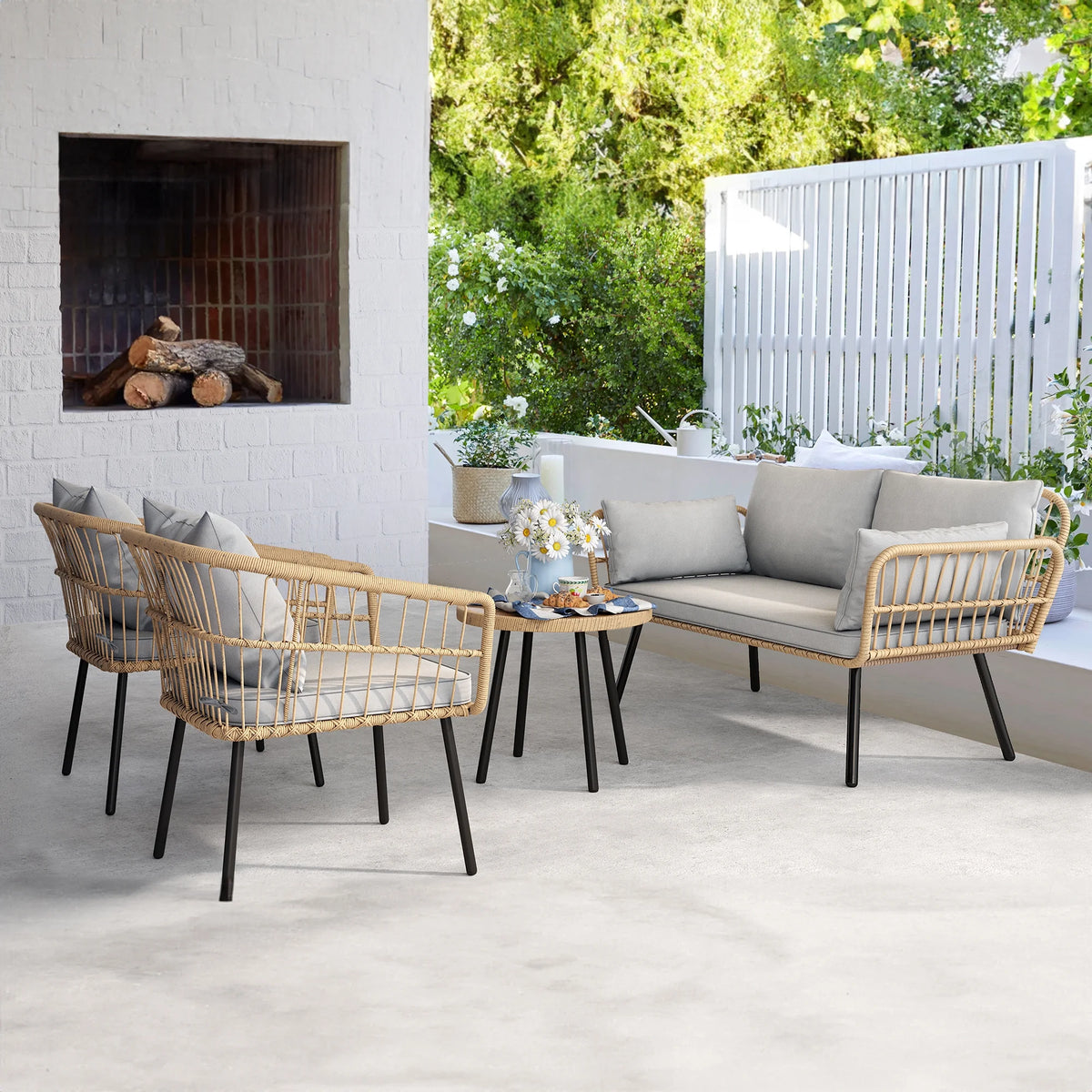 Gray 4 Piece Wicker Patio Furniture Set with Cushions G91669