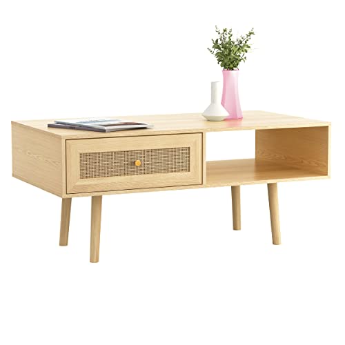 Natural Rattan Storage Drawer and Shelf Coffee Table J5682