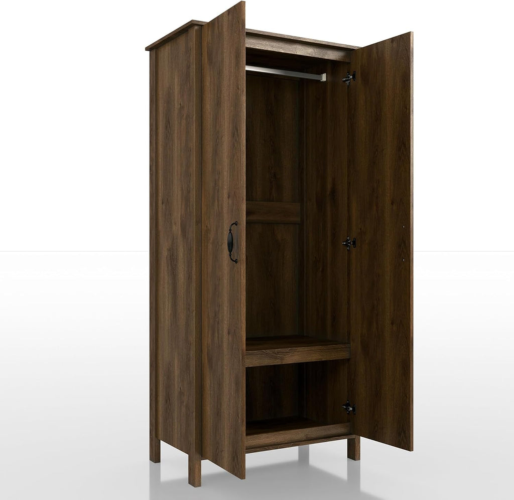Walnut Brown 2-Doors Wood Armoire Wardrobe Closet with Fixed Shelves and Hanging Rack K57360