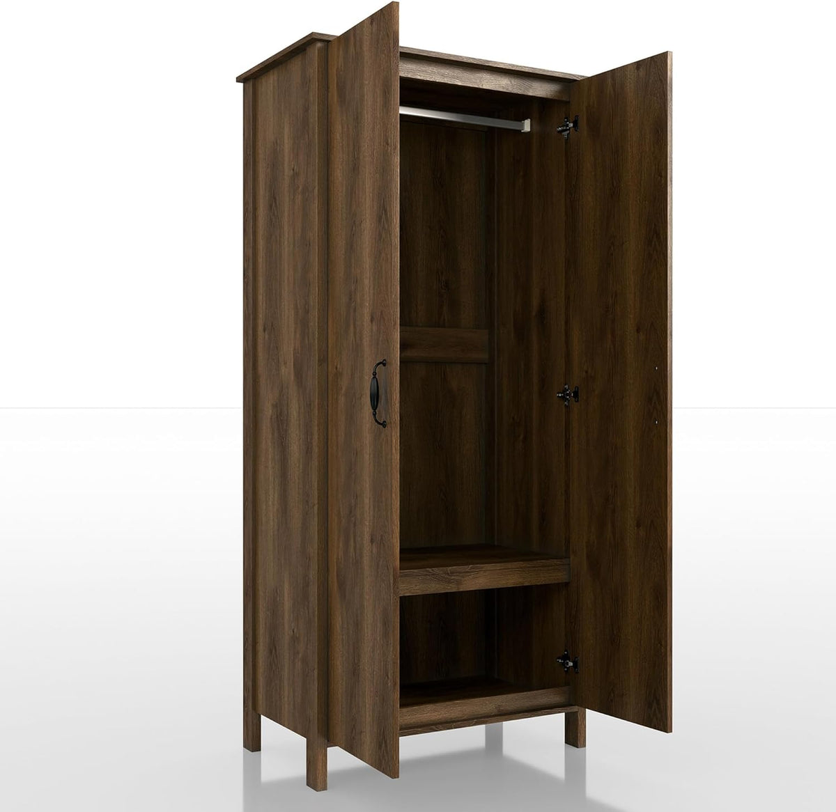 Walnut Brown 2-Doors Wood Armoire Wardrobe Closet with Fixed Shelves and Hanging Rack K57360