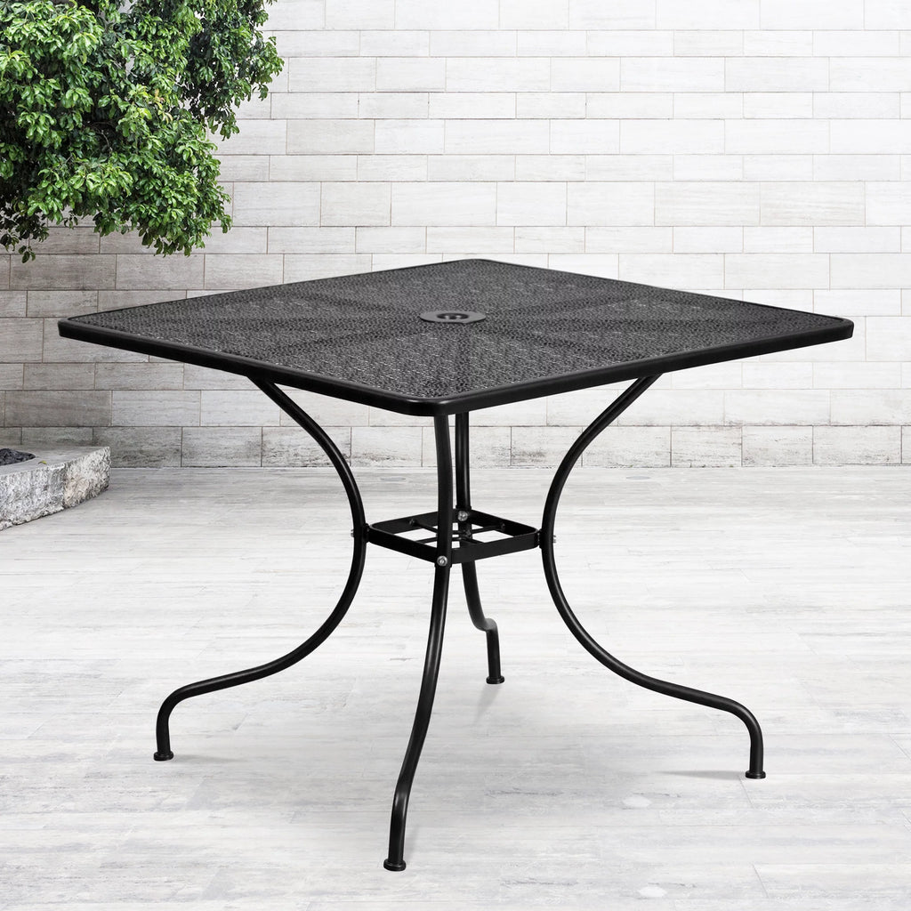 Square Black Steel Patio Table with Umbrella Hole N4529