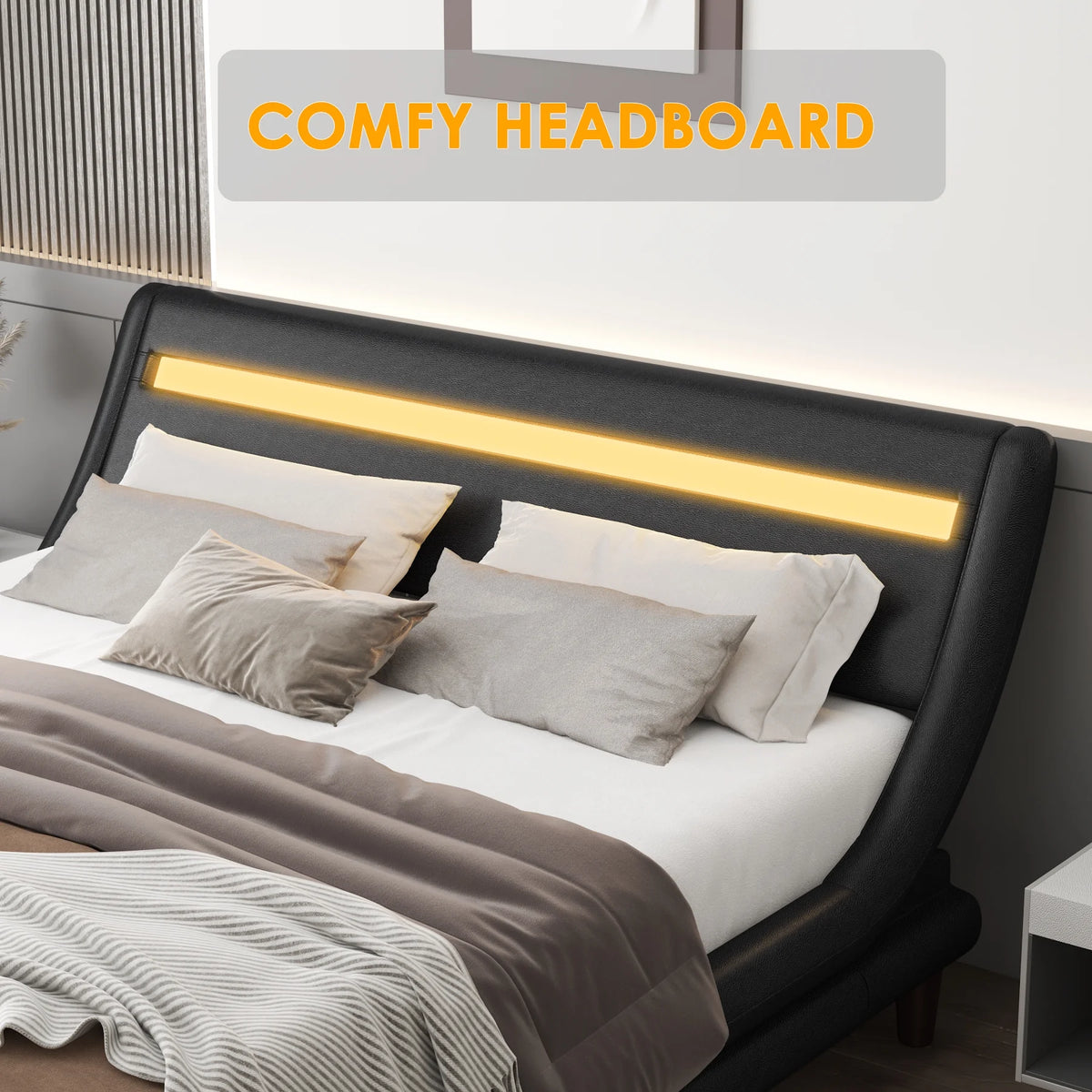 Full LED PU Upholstered Platform Bed with Adjustable Headboard A9977