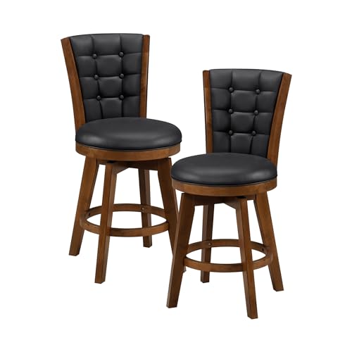 Swivel Bar Stools Set of 2, Counter Height, Chestnut Finish and Black Faux Leather Cushion Seat Z84345