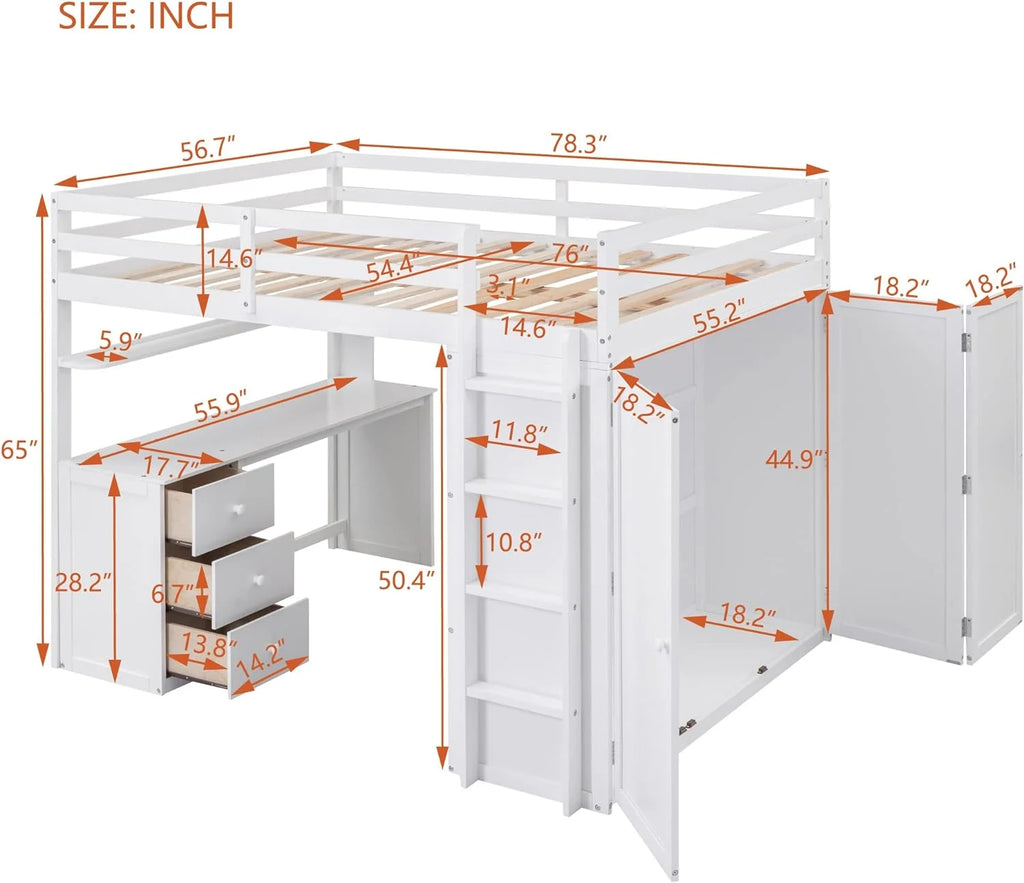Full Size White Solid Wood Loft Bed with Desk, Wardrobe and Storage Drawers O423427