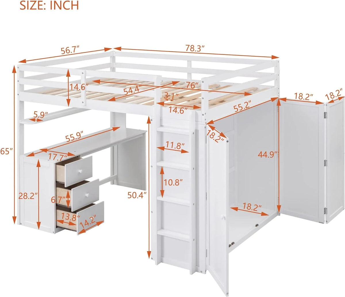 Full Size White Solid Wood Loft Bed with Desk, Wardrobe and Storage Drawers O423427