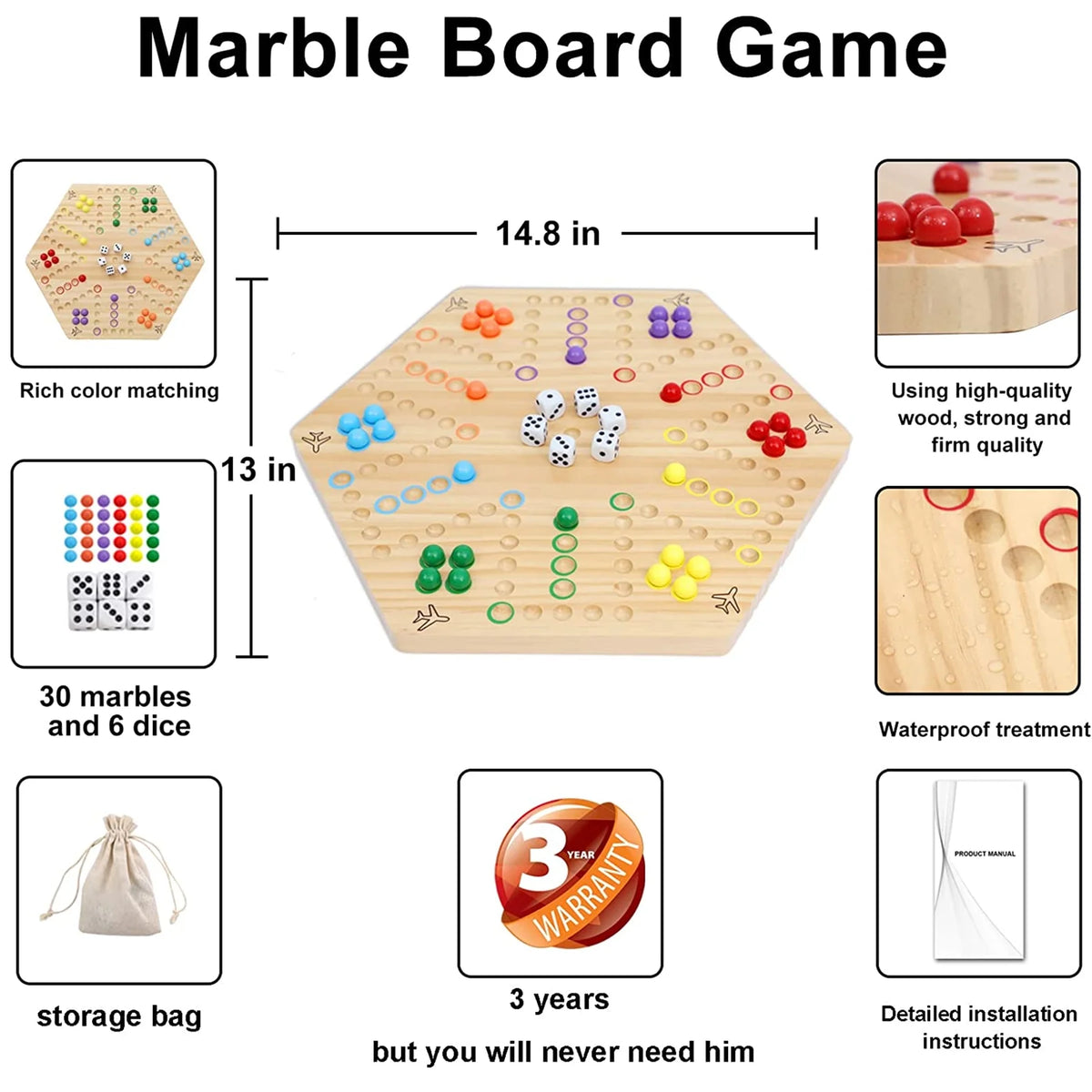 Wahoo Board Game Double Sided Painted Wooden 6 Colors 24 Marbles 6 Dice P26808
