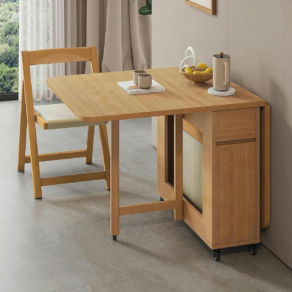 Wooden Extendable Dining Table Set with 4 Chairs, Drop Leaf Tables on Moveable Wheels and 1 Drawers M754029
