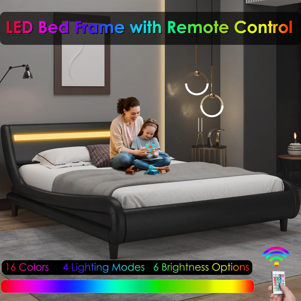 Full LED PU Upholstered Platform Bed with Adjustable Headboard A9977
