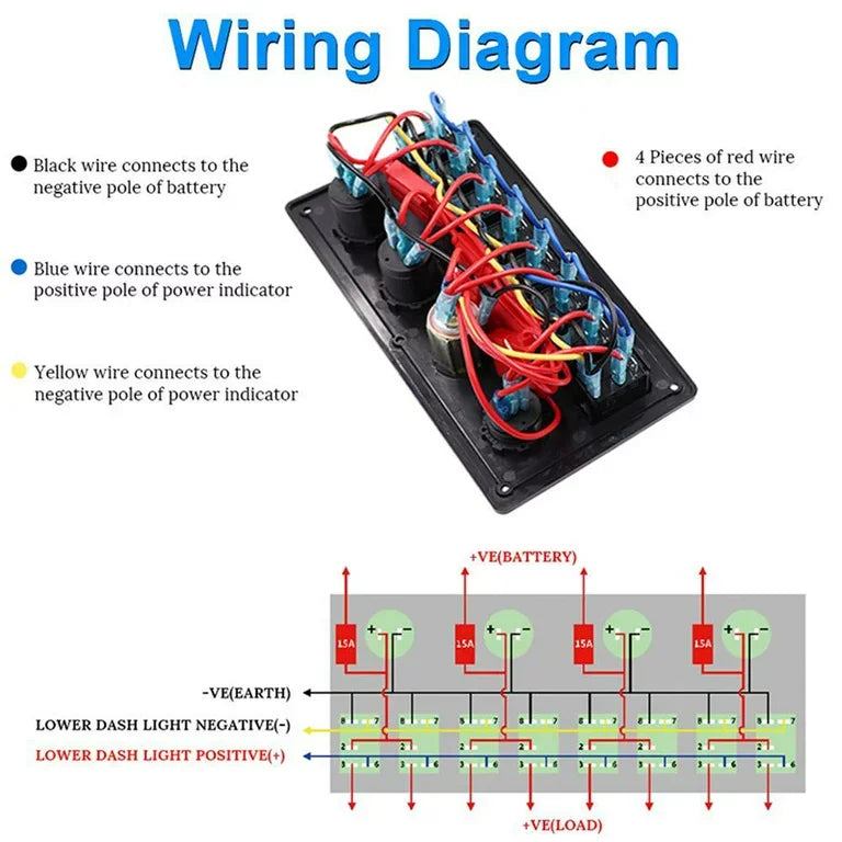 8 Gang Blue Backlit 12V Pre-wired Switch Panel with Dual USB Charger Digital Voltmeter Cigarette Lighter V4716