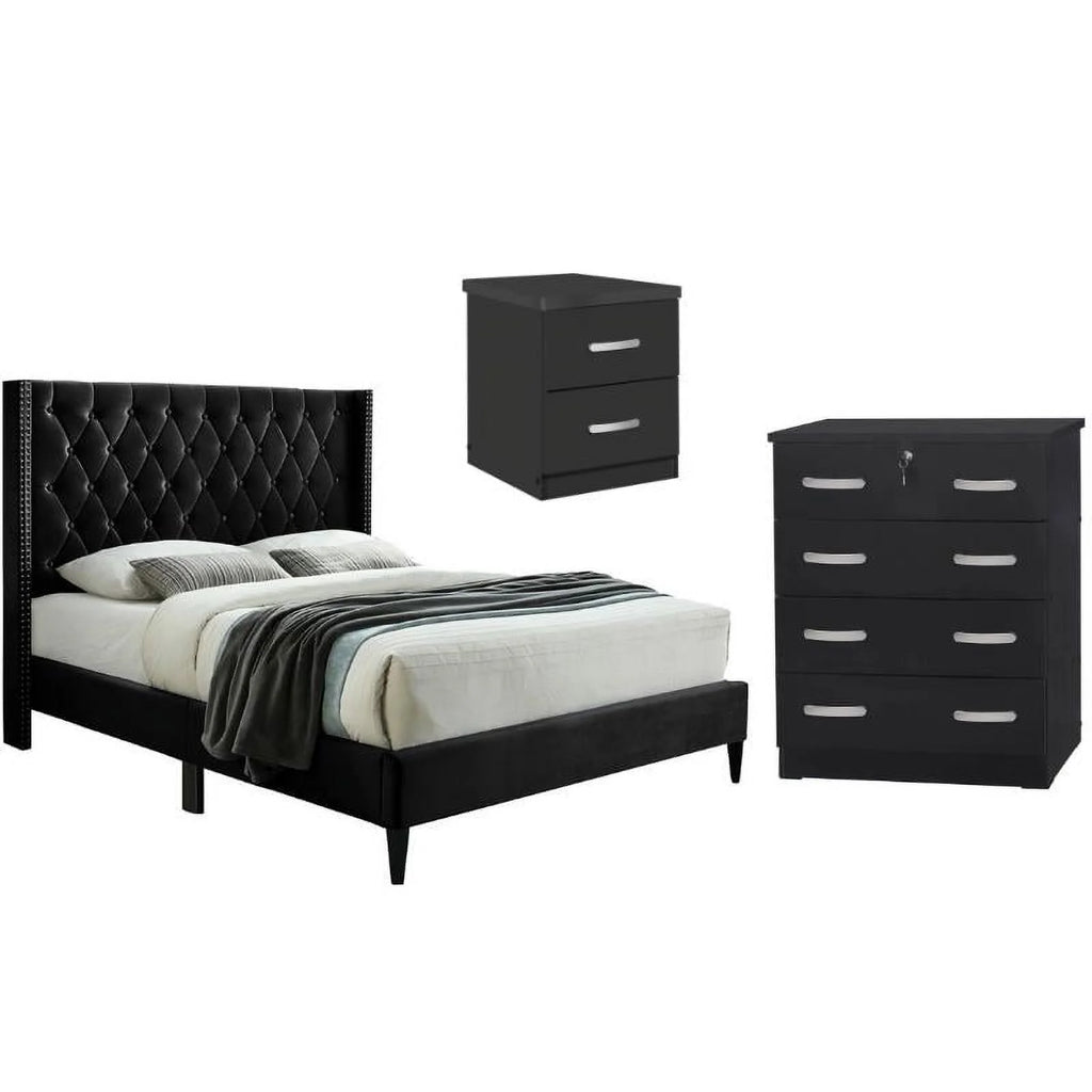 Tufted Full Bed Dresser with Lock & Nightstand 3-Piece Set Y5668