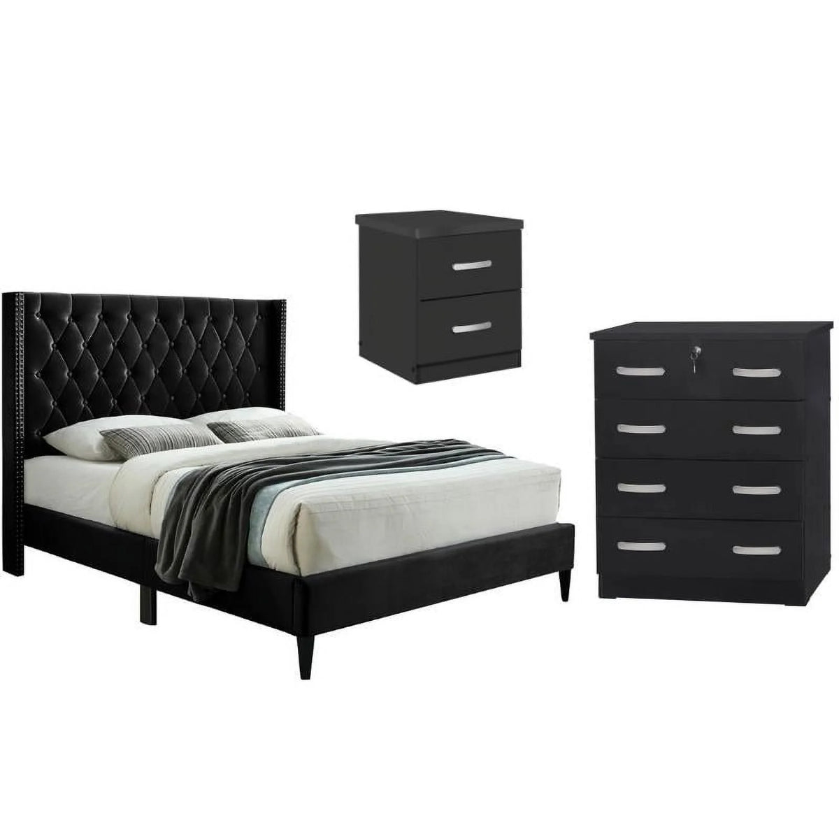 Tufted Full Bed Dresser with Lock & Nightstand 3-Piece Set Y5668