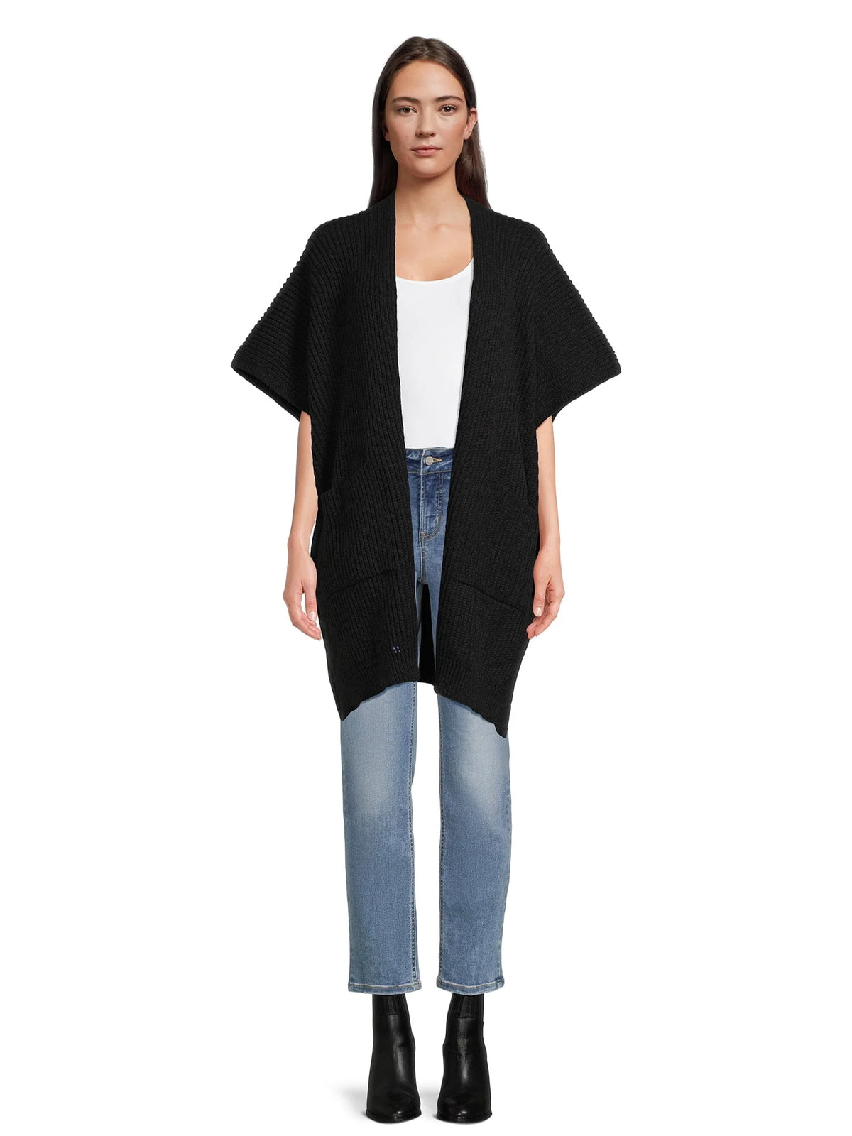 Ribbed Sweater Cape with Pockets C7553