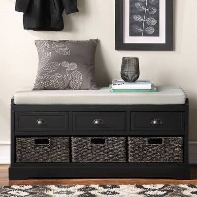 Black Wood Storage Bench with 3 Drawers and 3 Baskets B200