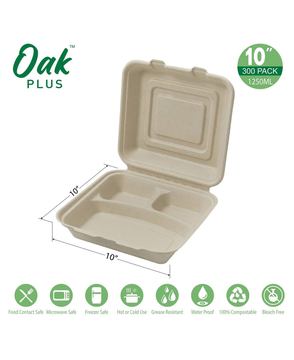 10 inch Natural Compostable Sugarcane Sectional Clamshell Containers, 300 Pack P24228