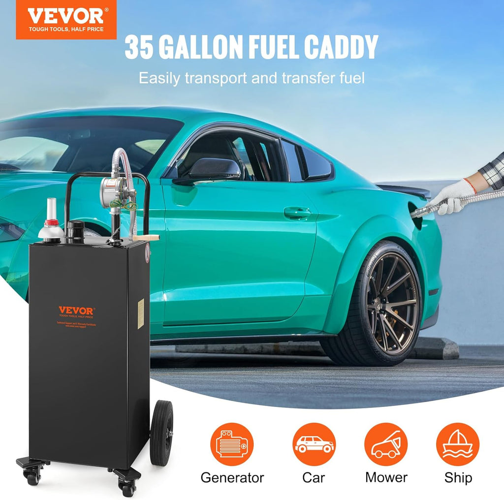 35 Gallon Black Fuel Caddy on 4 Wheels with Manual Transfer Pump N6848