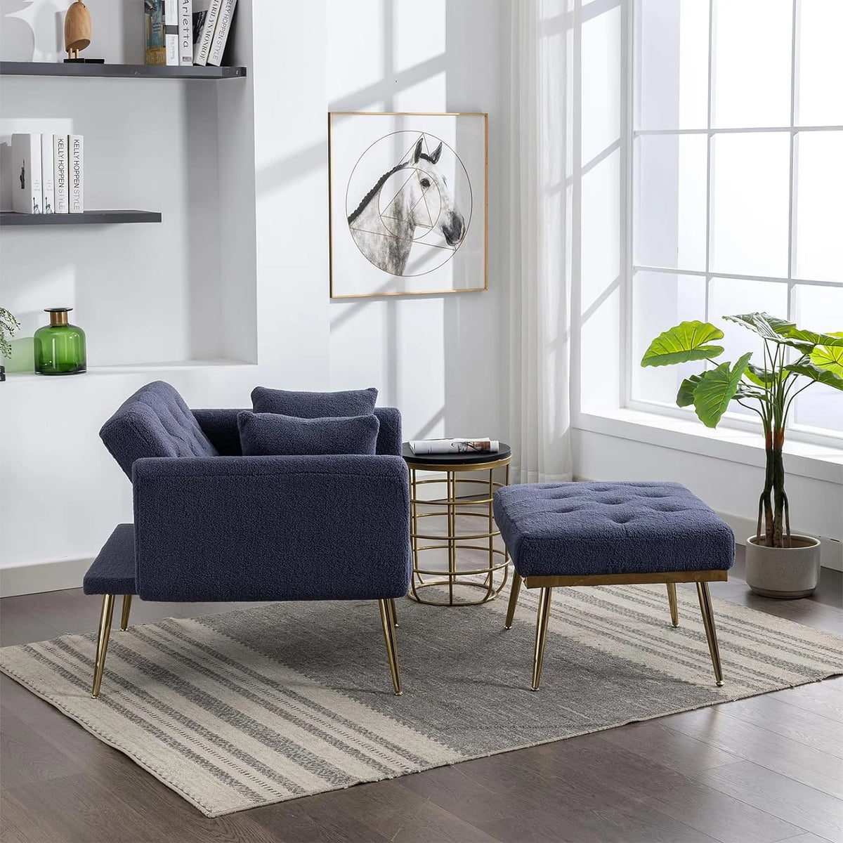 Blue Tufted Chaise Lounge Chair with Ottoman B80558