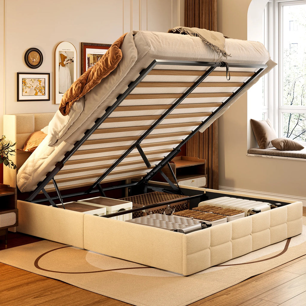 Beige Full Size Hydraulic Storage Bed Frame with Wingback Headboard D581581