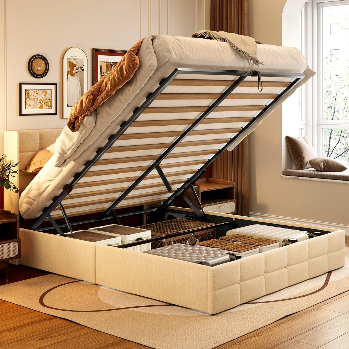 Beige Full Size Hydraulic Storage Bed Frame with Wingback Headboard D581581