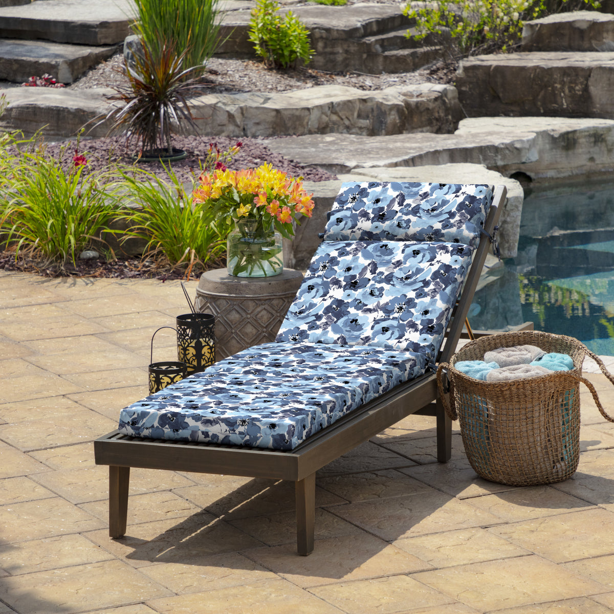 Blue Garden Floral Outdoor Chaise Lounge Cushion 72 x 21 U23037