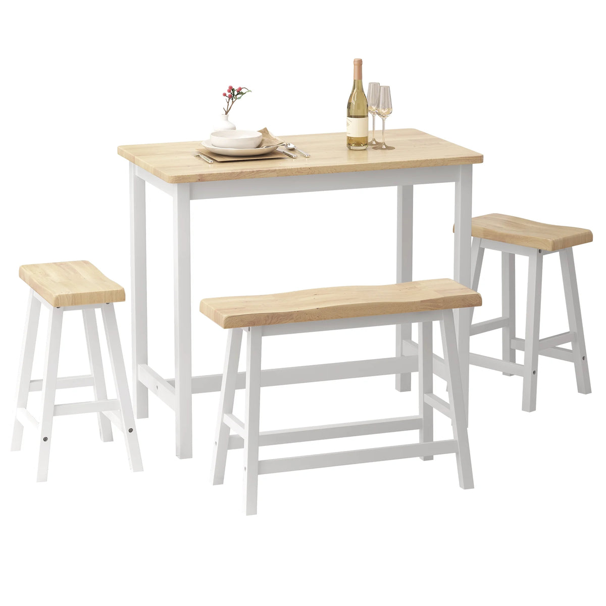 42" 4-Piece Wood Dining Table Set with Bench and 2 Stools H169