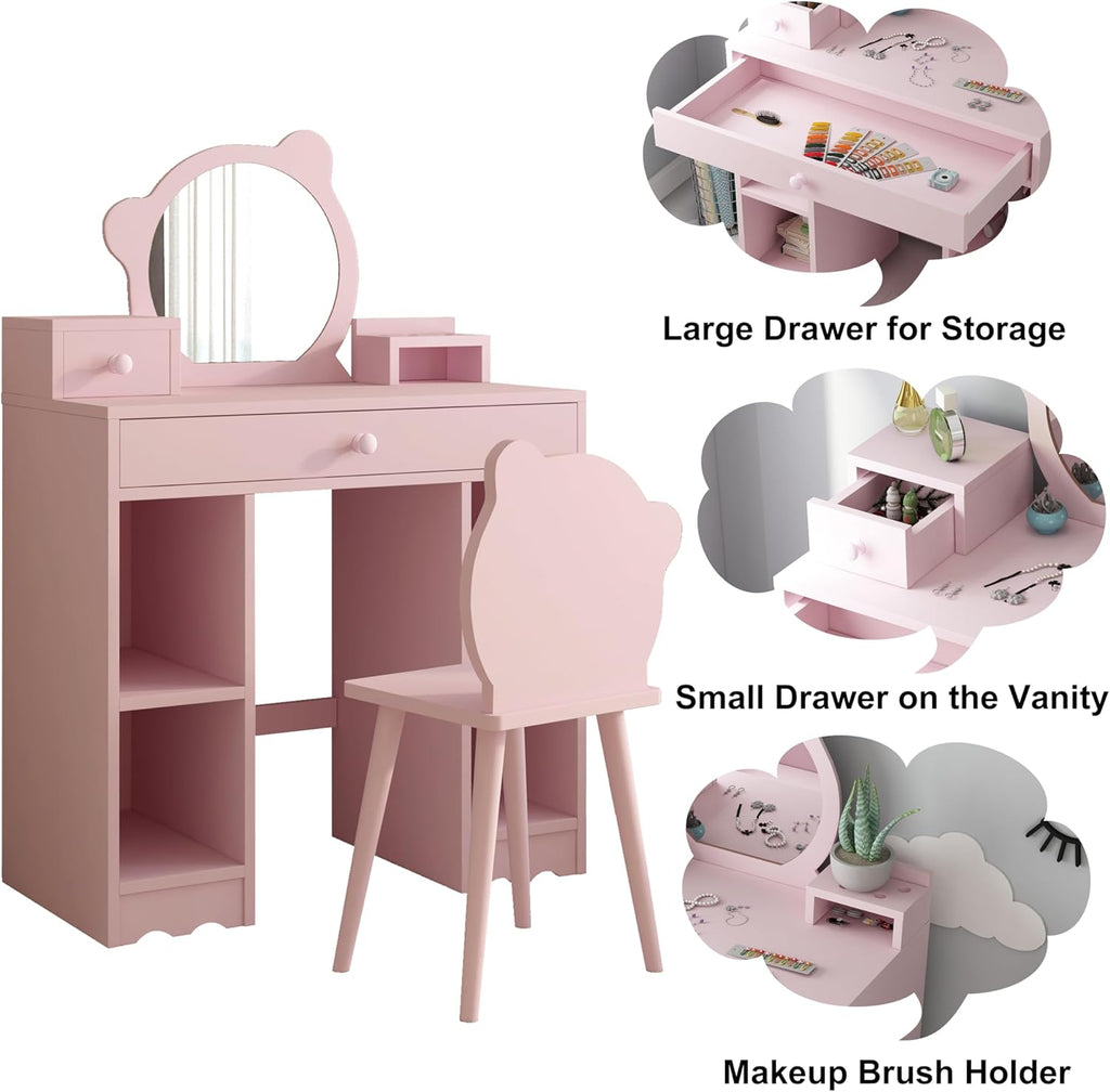 Pink Wooden Kids Vanity Set with Mirror and Stool E845