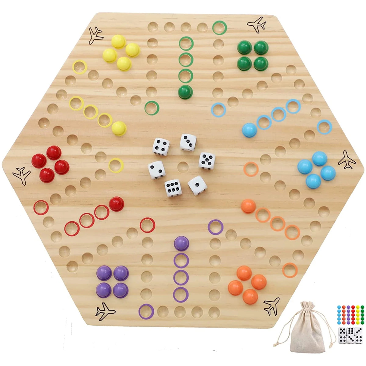Wahoo Board Game Double Sided Painted Wooden 6 Colors 24 Marbles 6 Dice P26808