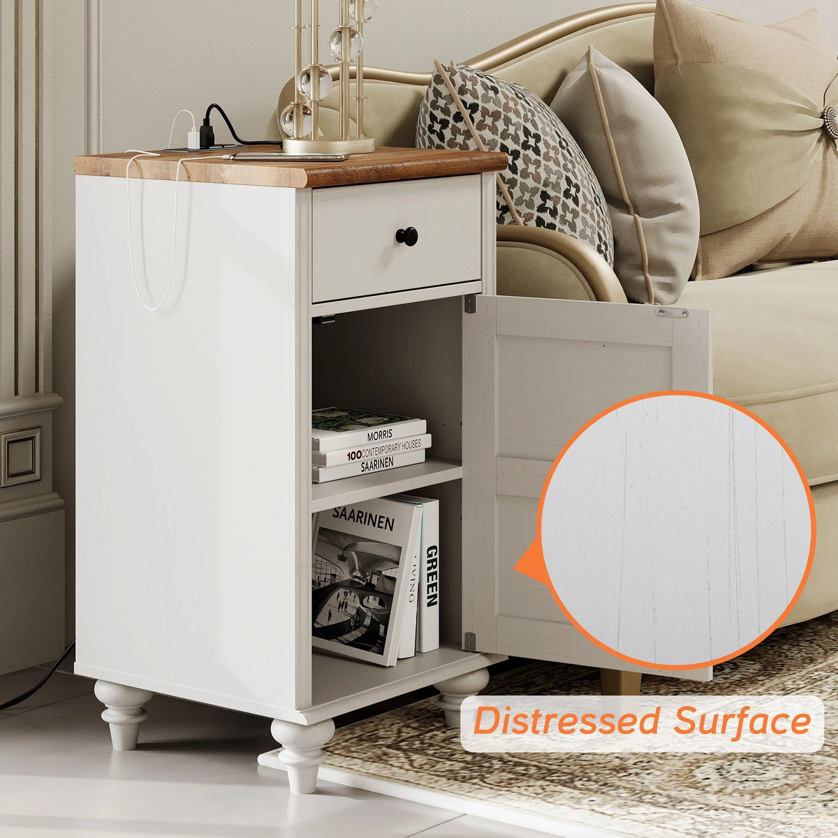 White and Oak 2 Drawer Nightstand with Open Shelf D222