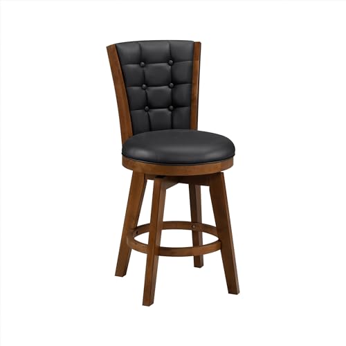 Swivel Bar Stools Set of 2, Counter Height, Chestnut Finish and Black Faux Leather Cushion Seat Z84345