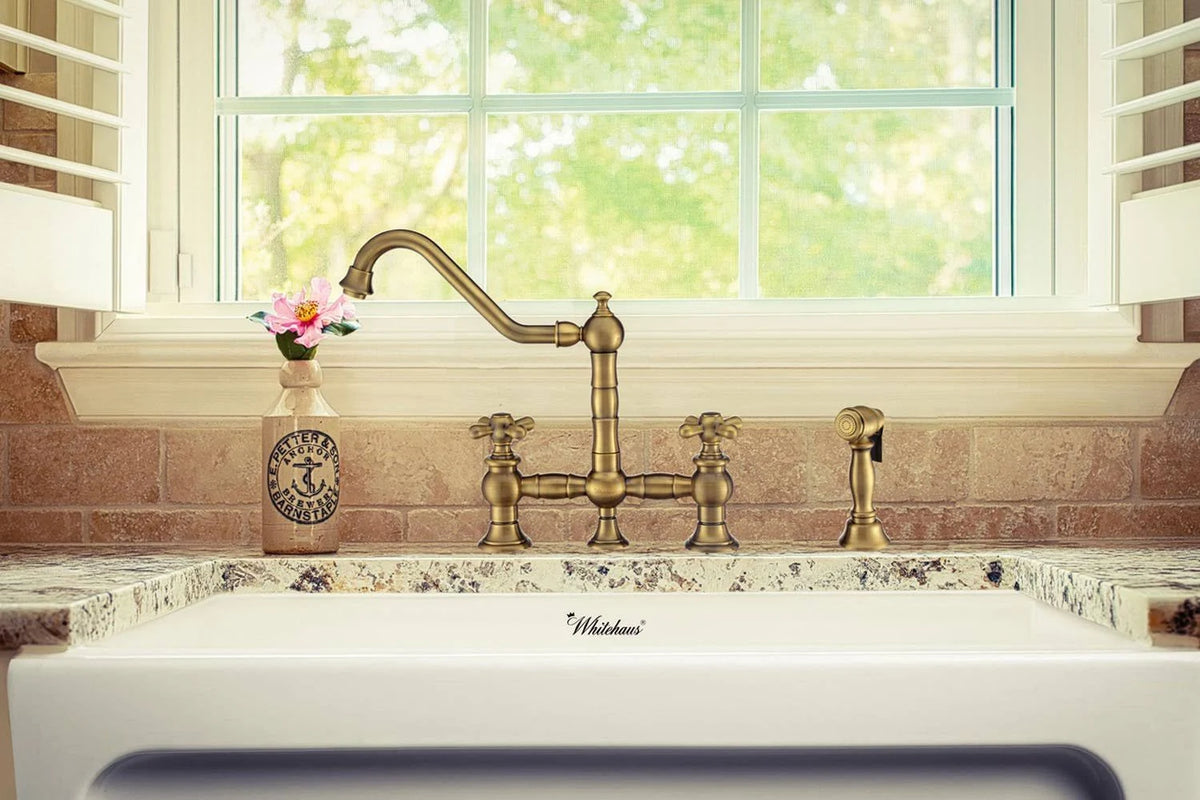 Oil Rubbed Bronze Bridge Faucet with Cross Handles and Side Spray W317