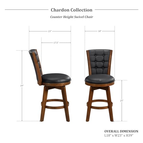 Swivel Bar Stools Set of 2, Counter Height, Chestnut Finish and Black Faux Leather Cushion Seat Z84345