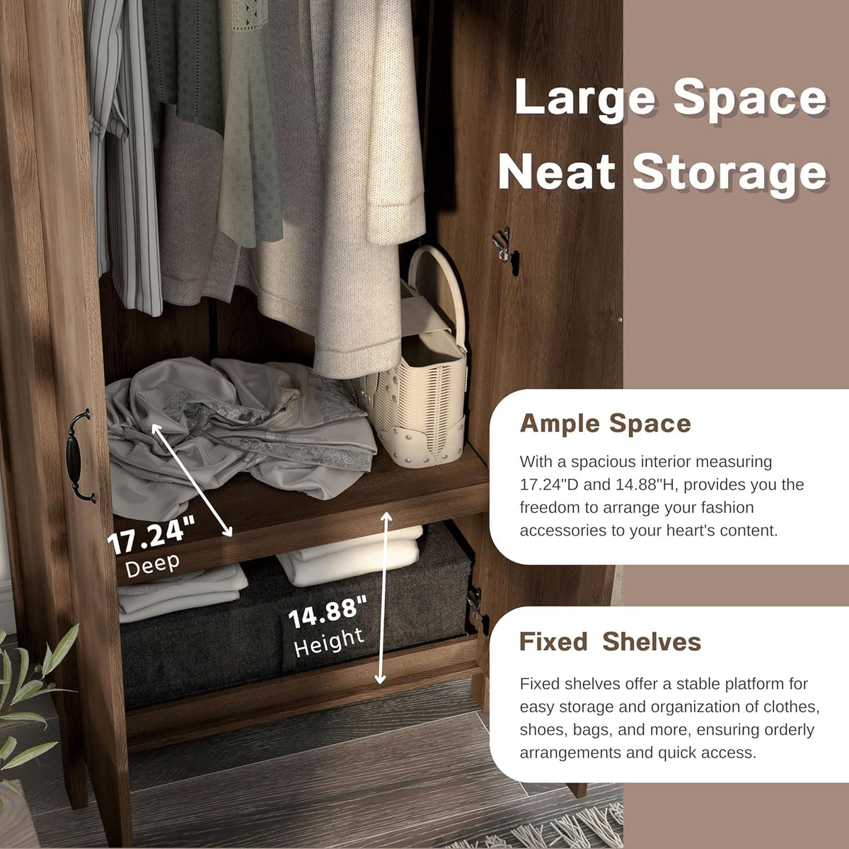Walnut Brown 2-Doors Wood Armoire Wardrobe Closet with Fixed Shelves and Hanging Rack K57360