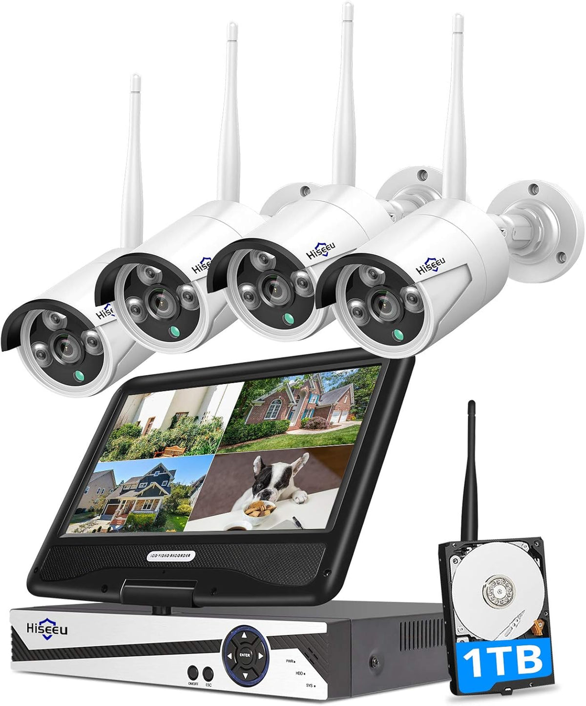 8CH 2K Wireless Security Camera System with 10.1 Monitor, 4pcs 3MP Cameras, 1TB HDD S27955