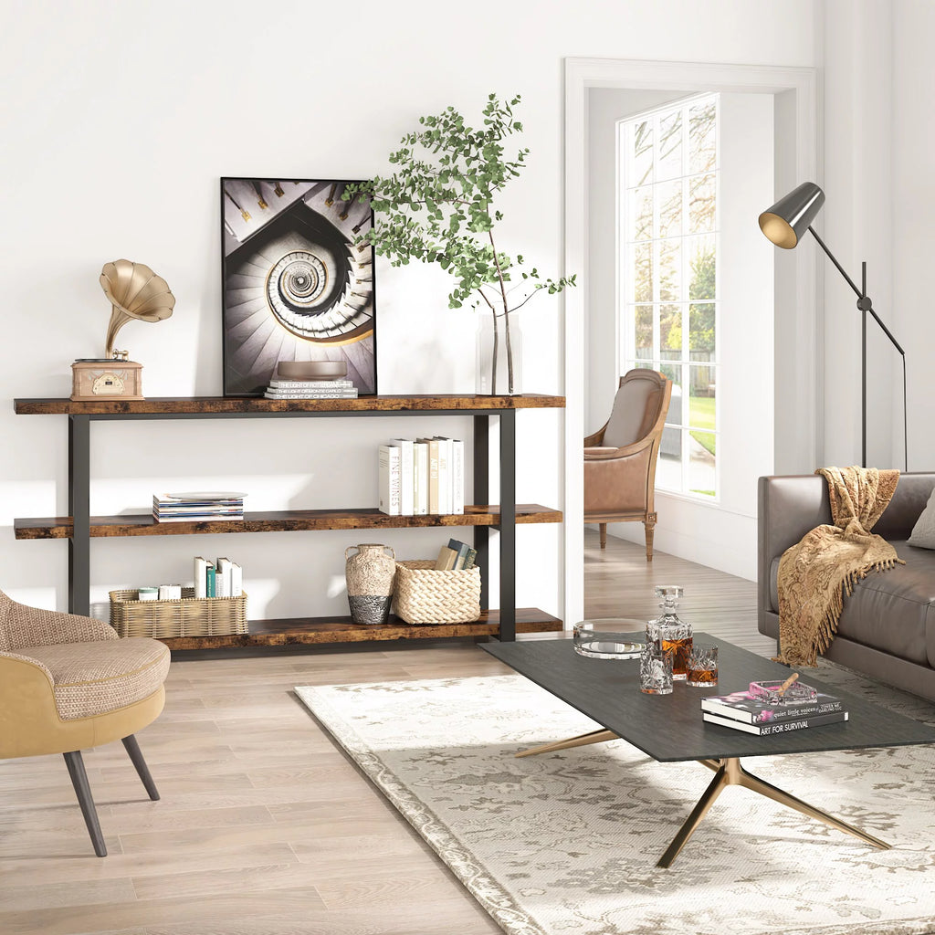 3-Tier Rustic Brown Console Table Shelving Unit Y59046