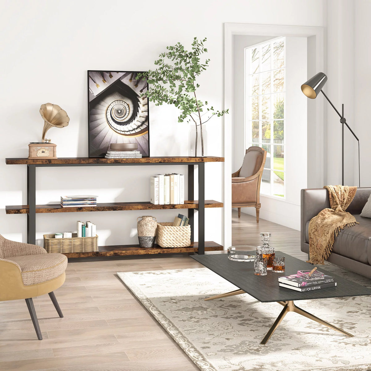 3-Tier Rustic Brown Console Table Shelving Unit Y59046